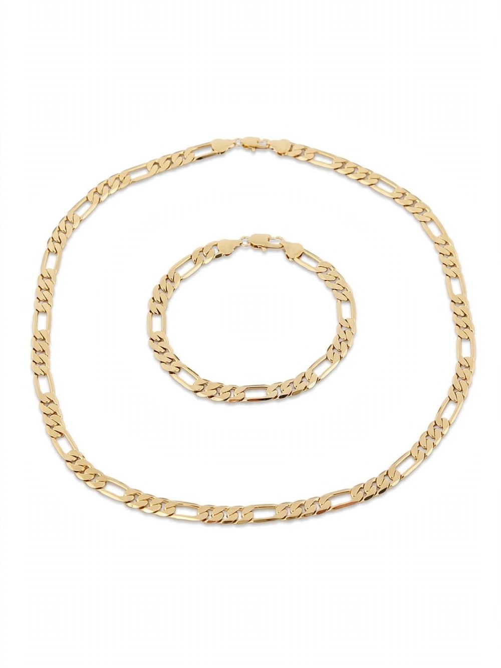 18K Gold Figaro Chain Necklace and Bracelet Set - Women Jewelry